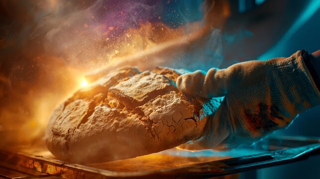 Baker pulling hot artisan crusty bread from glowing oven