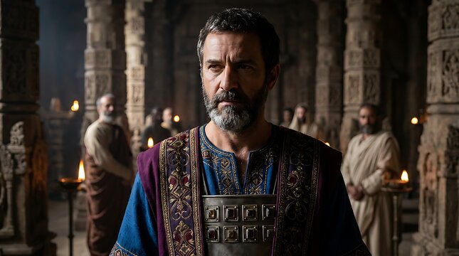Jewish high priest wearing ornate blue robe with gold trim and breastplate standing in ancient stone temple interior with torches.