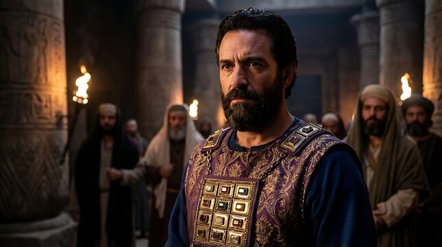 Distinguished Jewish high priest in ceremonial blue and gold vestments with jeweled breastplate inside dimly lit ancient temple.