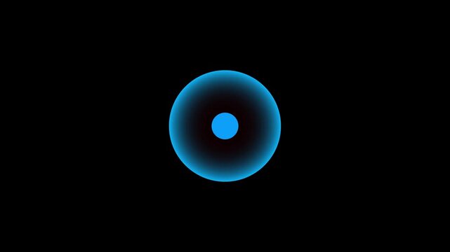Glowing Blue Circle Light Ring Abstract Background. Neon Blue Halo Ring with Center Dot on Black. Futuristic Energy Core with Blue Glow Effect.