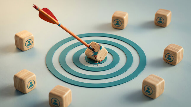 Accurate business targeting depicted by an arrow hitting a bullseye and a user icon, symbolizing strategic success and reaching the right audience