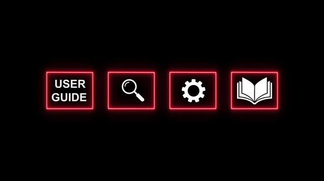 Neon UI Icons Set User Guide Search Settings and Book. Glowing Red Interface Icons Collection on Black Background.