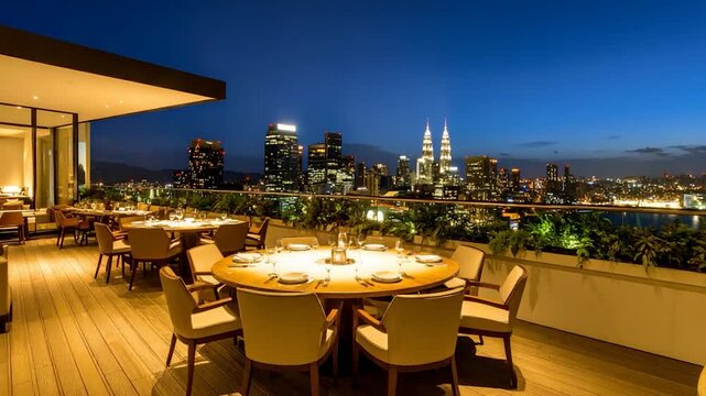 Rooftop restaurant with city skyline view at dusk, tables set