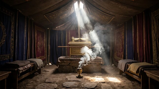 Ark of covenant inside ancient tabernacle with incense smoke drifting upwards and divine light shining from above religious and spiritual scene.