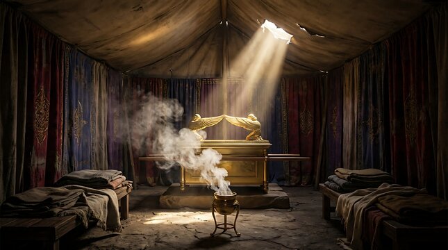 Ark of covenant inside ancient tabernacle with incense smoke drifting upwards and divine light shining from above religious and spiritual scene.