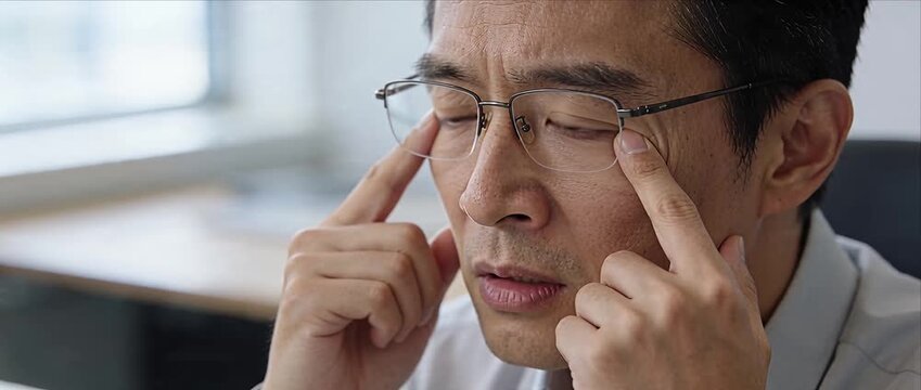Closeup face asian man with glasses stress eye strain tired office worker thinking worried middle age male suffering headache pressure mental fatigue work pressure tired expression modern workplace