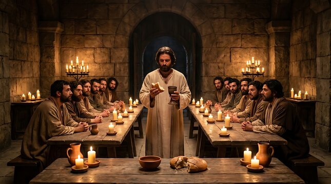 jesus institutes communion last supper with disciples breaking bread sharing cup symbolic ritual remembrance spiritual union fellowship.