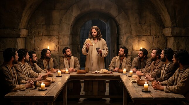 Jesus and twelve disciples share final meal, breaking bread and drinking wine during Passover feast in ancient Jerusalem chamber setting.