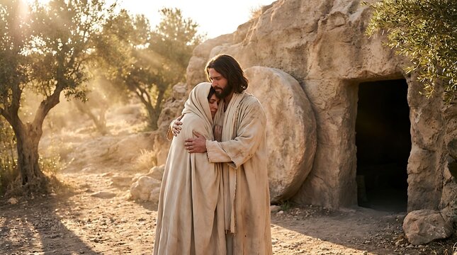 jesus christ embraces grieving woman mary magdalene near empty tomb resurrected savior comforting soul with hug solace hope spiritual renewal.