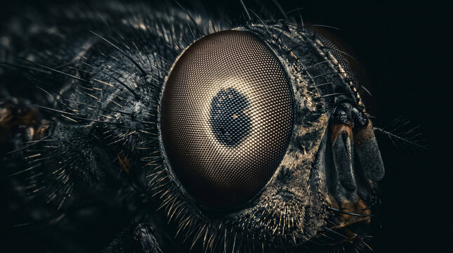 Macro close up of a house fly compound eye showing details