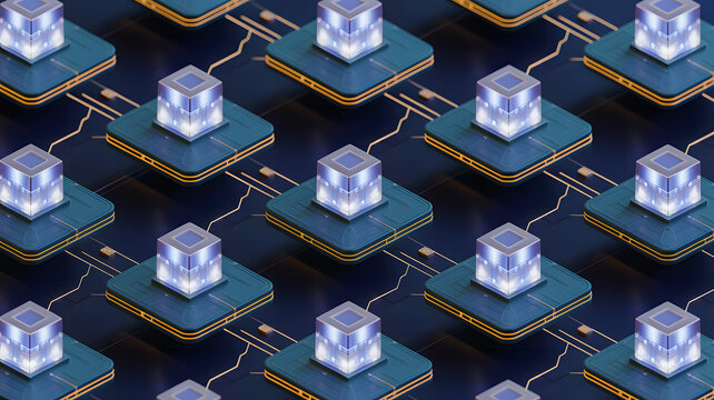 3D isometric illustration of a futuristic digital network, featuring glowing quantum computing processors and interconnected data nodes for advanced technological concepts