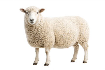 Fototapeta premium Fluffy white sheep standing still and looking directly at the camera lens for a professional studio portrait on transparent background