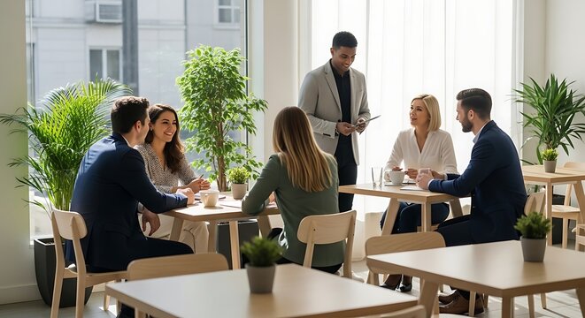 Diverse business team having a casual meeting or discussion in a bright, modern office cafeteria with plants and large windows.