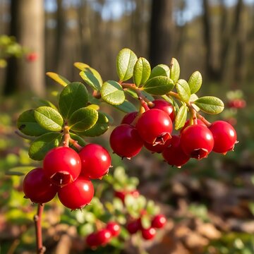 Fresh red lingonberries growing on a green shrub in a sunny forest during the summer harvest season. american bearberry