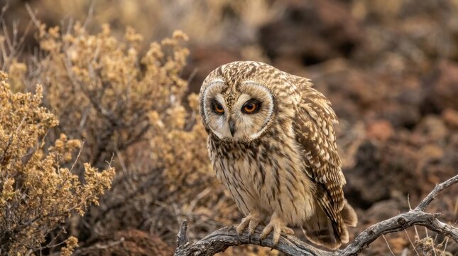 Close portrait of hawaiian owl perched on weathered desert branch among dry native shrubs, amber eyes, mottled feathers, shallow depth, volcanic soil tones and quiet island wilderness mood detail