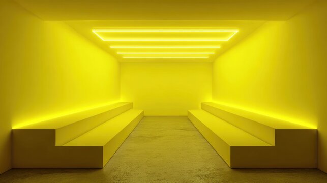 Minimalist yellow room with stepped seating and neon lighting interior view