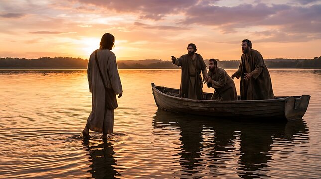 Jesus walks on water towards disciples in boat during sunset, one disciple points in amazement.