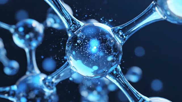 Detailed close-up of blue translucent molecule models featuring interconnected atoms and chemical bonds with floating particles and microscopic depth of field on dark background.