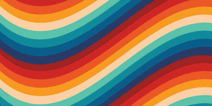 Abstract colorful 70s background vector. Vintage retro style wallpaper with lines, rainbow wavy stripes. 1970 color illustration design suitable for poster, banner, decorative, wall art.