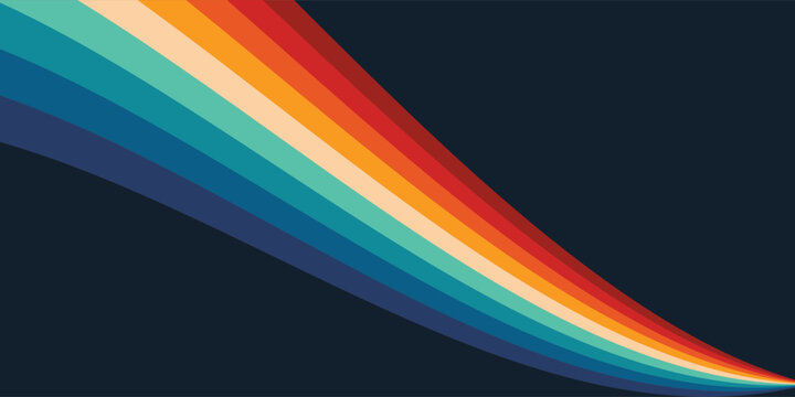 Abstract colorful 70s background vector. Vintage retro style wallpaper with lines, rainbow wavy stripes. 1970 color illustration design suitable for poster, banner, decorative, wall art.