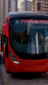 Sustainable BRT bus lines in Curitiba city center with the famous Curitiba BRT bus