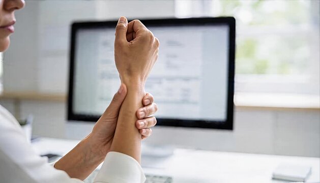 Woman wrist pain office computer desk work health injury joint hand closeup discomfort from repetitive strain indoor workplace stress problem risk smooth skin clean bright modern scene