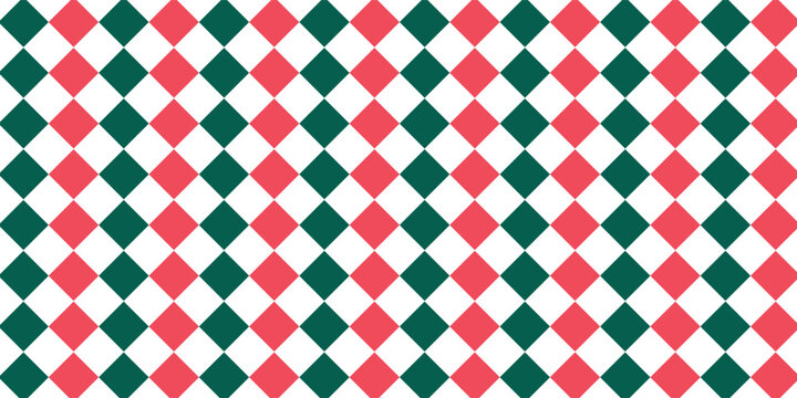 Christmas rhombus seamless pattern. Red and green xmas plaid texture with gold line. Argyle geometric diamond pattern. Christmas abstract wrapping bg. Vector illustration isolated on white background.