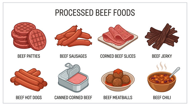 Assorted processed beef food items including grilled patties sausages corned beef slices jerky hot dogs meatballs and hearty beef chili
