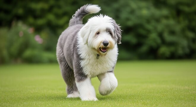Old english sheepdog running on green grass