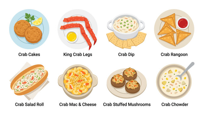 An appetizing vector illustration displaying a variety of delicious crab dishes, such as crab cakes, king crab legs, chowder, and macaroni and cheese.