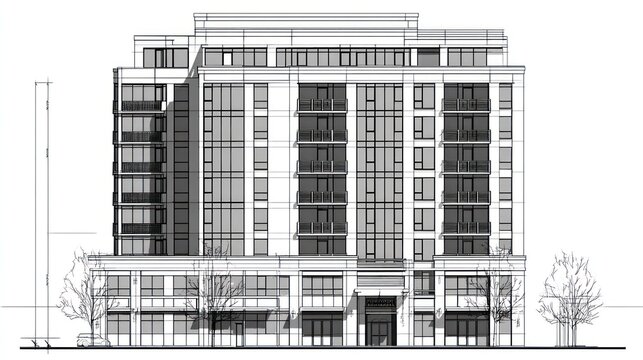 Architectural rendering of modern multi story building design elevation