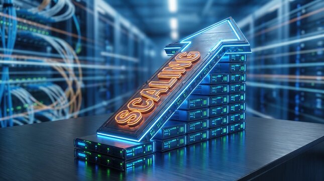 Conceptual illustration of scaling up IT infrastructure with an upward trending arrow symbolizing growth and expansion in a data center environment