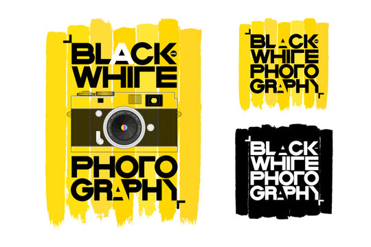 The phrase "Black and white photography" is designed as eye-catching typography, using the concept of light and shadow in easily understandable. Complete with a highly detailed camera. Illustration.