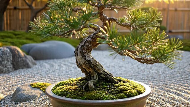 Miniature pine bonsai tree with a gnarled trunk in a ceramic pot placed on light gravel in a traditional Japanese Zen rock garden during golden hour with soft sunlight.