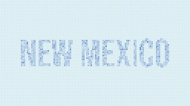 New Mexico, United States dotted map animation. Digital style shape of the state. New Mexico, United States shape and title dots appear with bulb flickering effect. Intro, outro, logo, title video.