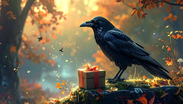 Raven perched above a wrapped gift in an autumnal forest, bokeh lights and birds in the background