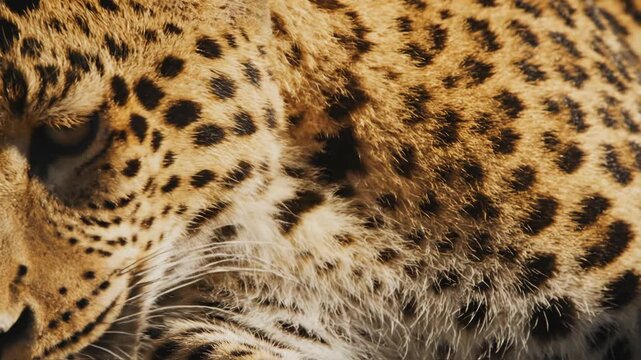 Extreme close-up macro view of leopard fur skin showcasing detailed black rosettes and spots on golden yellow hair texture from a wild panthera pardus in high resolution.