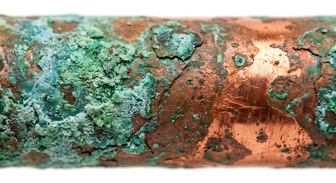 Corroded Copper Pipe Macro with Green Oxidation and Verdigris