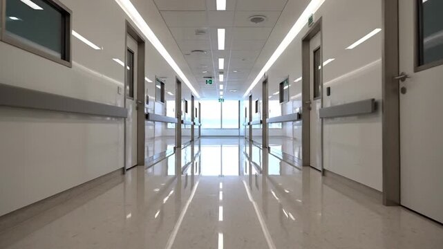 Modern hospital corridor with bright lighting and reflective floor, symbolizing healthcare and advanced medical facilities