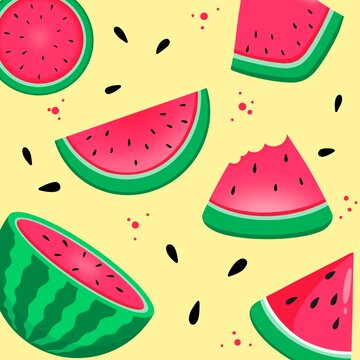 Watermelon summer fruit pattern background with sliced pieces, seeds and bite mark, colorful repeating design for food banner, textile and wallpaper.