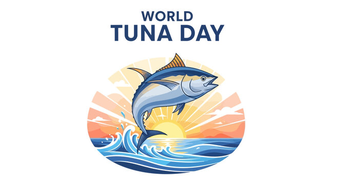 An illustration promoting the marine conservation of tuna, with a stylized tuna jumping out of the water against a bright sunburst, set against a clean white background in a vector design