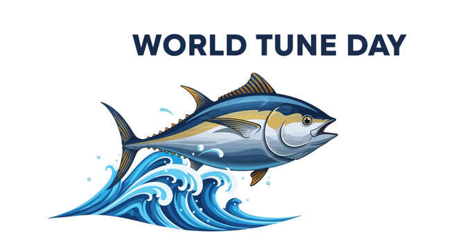 A vector illustration celebrating World Tuna Day features a bluefin tuna leaping over stylized ocean waves, set against a clean white backdrop to promote marine life conservation
