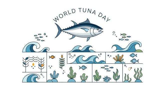 A vector illustration promoting marine life conservation for World Tuna Day features a large tuna fish swimming above stylized waves and seaweed against a clean white background