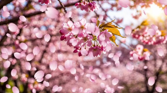Beautiful cherry blossoms in full bloom with soft pink petals falling, creating a dreamy spring atmosphere in a sunlit garden, perfect for seasonal backgrounds and nature themes