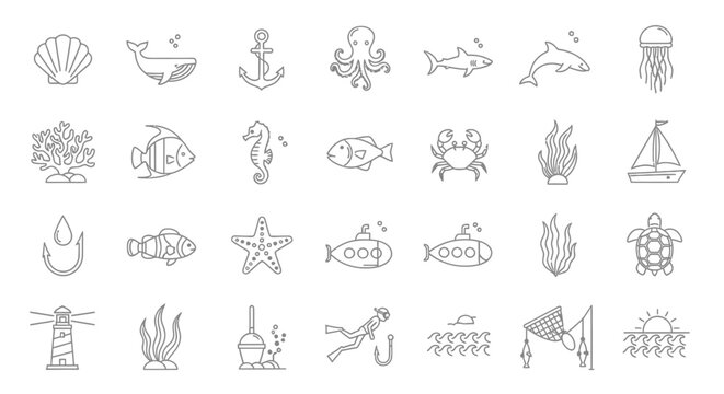 Seafood icons and ocean creatures.