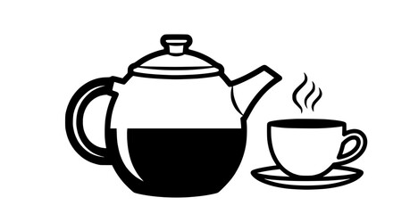 Obraz premium Minimalist Vector Icon: Hot Tea Pot with Steaming Cup and Saucer