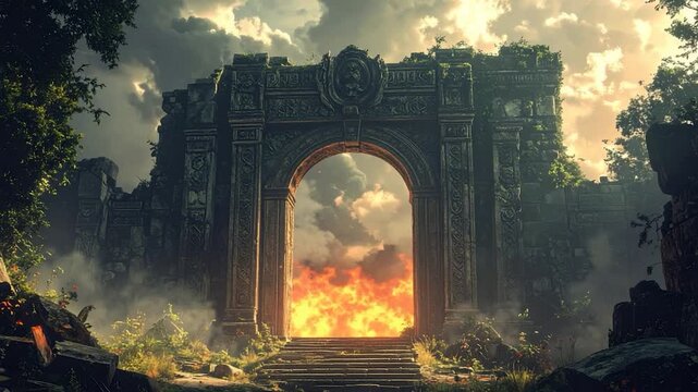 A ruined stone archway frames a fiery portal, surrounded by overgrown ruins
