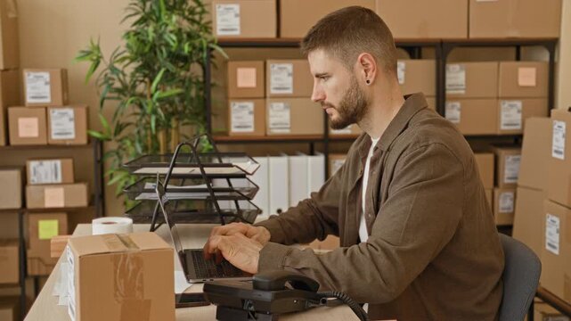 Man typing on laptop, leaning back smiling and pointing finger beside stacked cardboard parcels, tape and phone at a small fulfillment desk in a building; relaxed productivity.