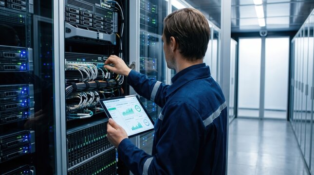 IT specialist managing server rack in data center using tablet, network infrastructure monitoring and cloud computing technology concept for business