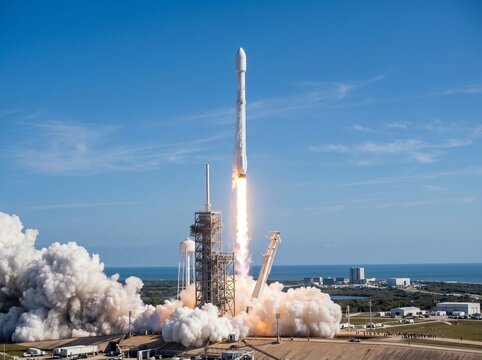 Commercial Rocket Launching into Sky, Powerful Space Liftoff from Launch Pad, Dramatic Aerospace Technology Scene, Smoke and Flames, High Resolution Astronomy and Science Photography